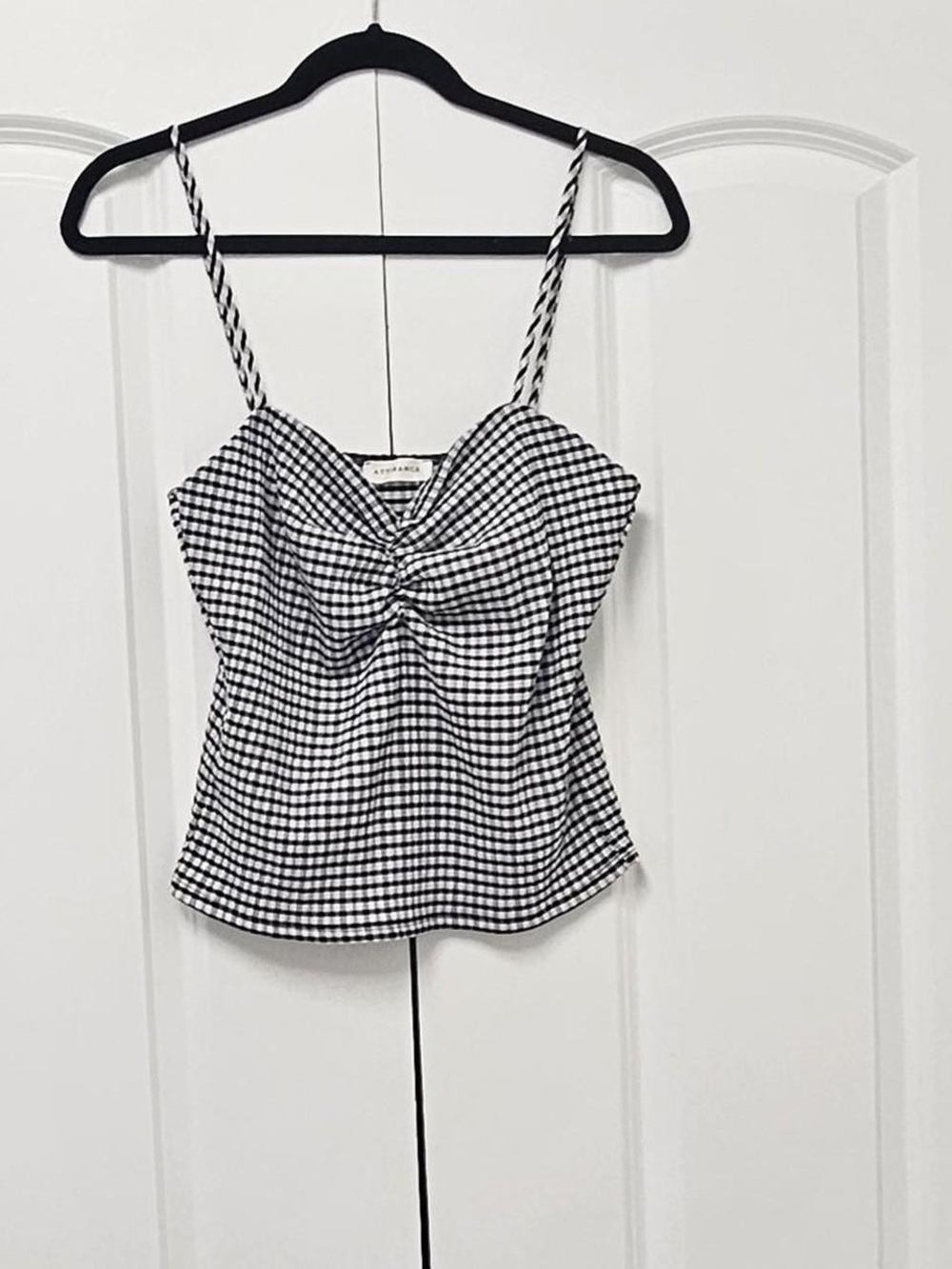 Black & White Gingham Ruched Spaghetti Strap Top (With Free A GIFT)